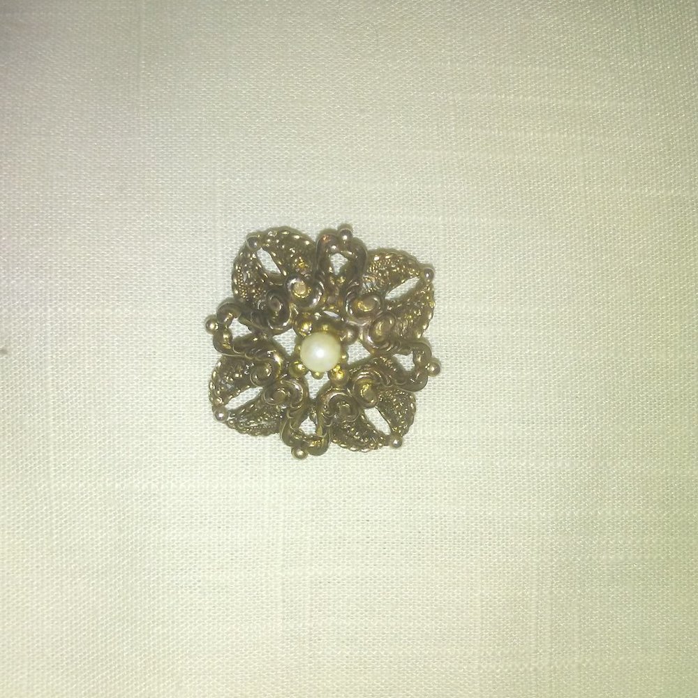 Silver and Gold Tone Brooch with center Faux Pearl